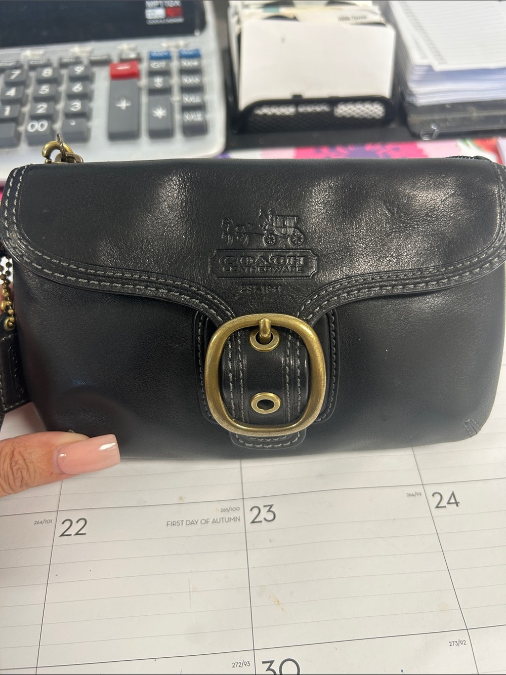 Coach Black Leather Clutch with Brass Buckle Detail